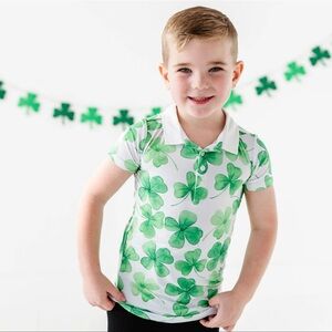 🍀 Bums and Roses Green Lucky Shamrock St Patrick’s Clover Bamboo Polo Shirt 2T
